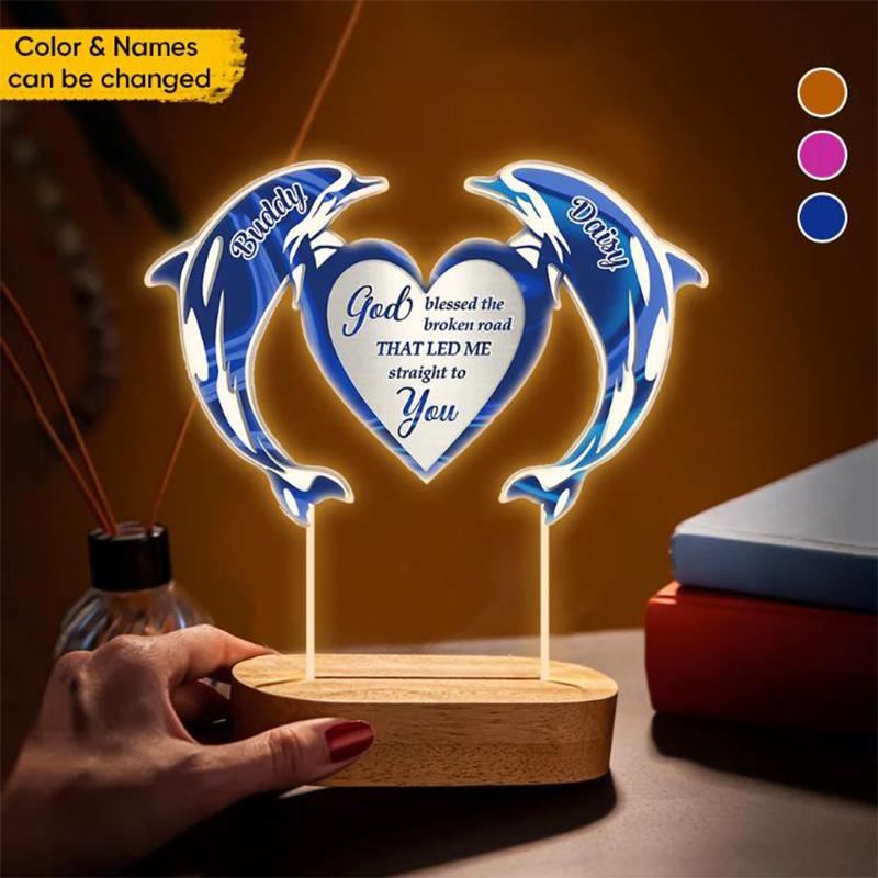 Luce notturna personalizzata a forma di cuore per coppia di delfini